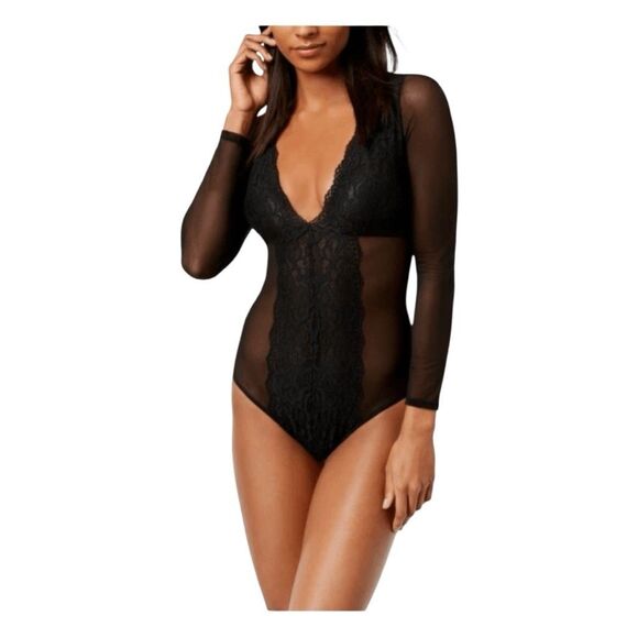 INC International Concepts Long-Sleeve Lace Mesh Bodysuit Deep Black M - Picture 5 of 9